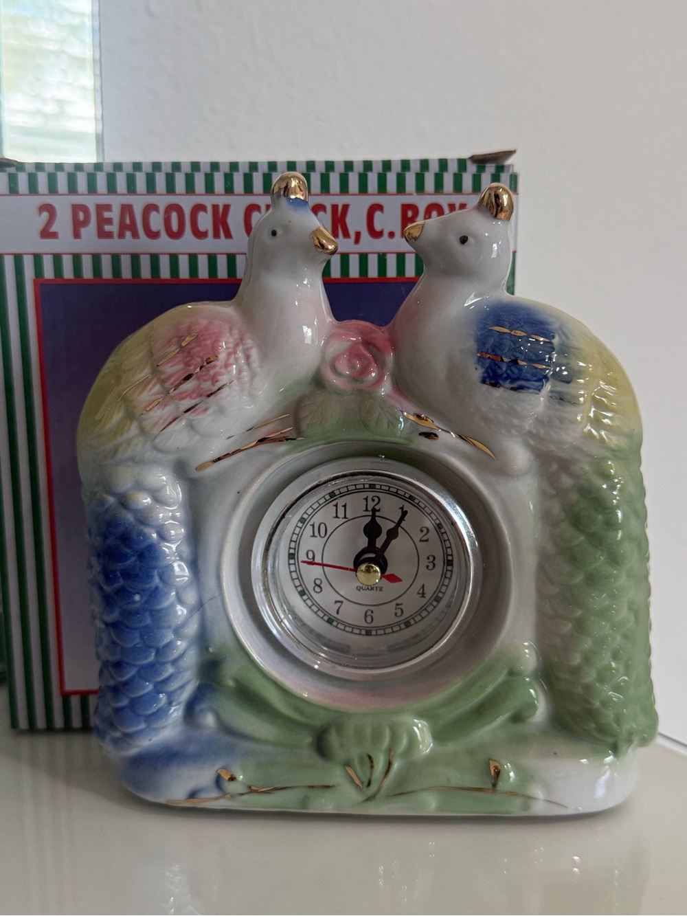 Nwt Porcelain Peacock Clock with Pastel Multicolor Glaze